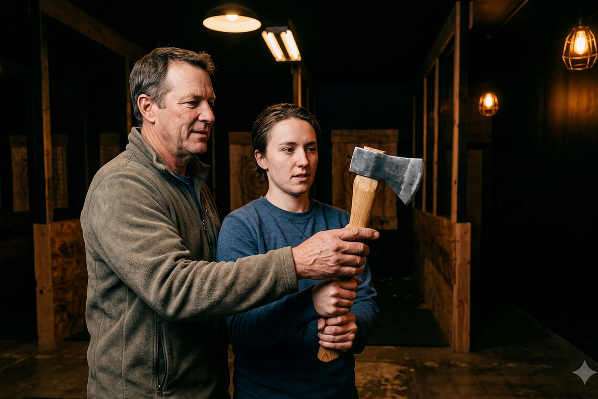 A coach guiding a first-timer's grip on the axe at Hank's in Whitefish