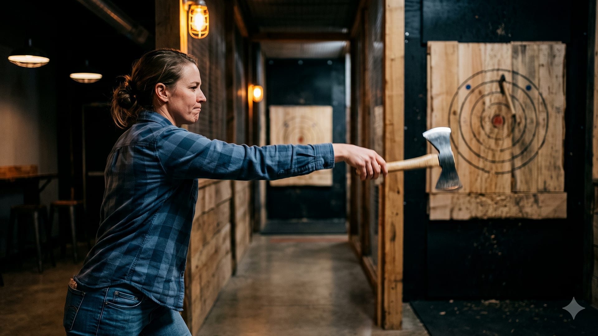 A thrower mid-swing in an axe-throwing lane at Hank's, the timber target board down the lane.