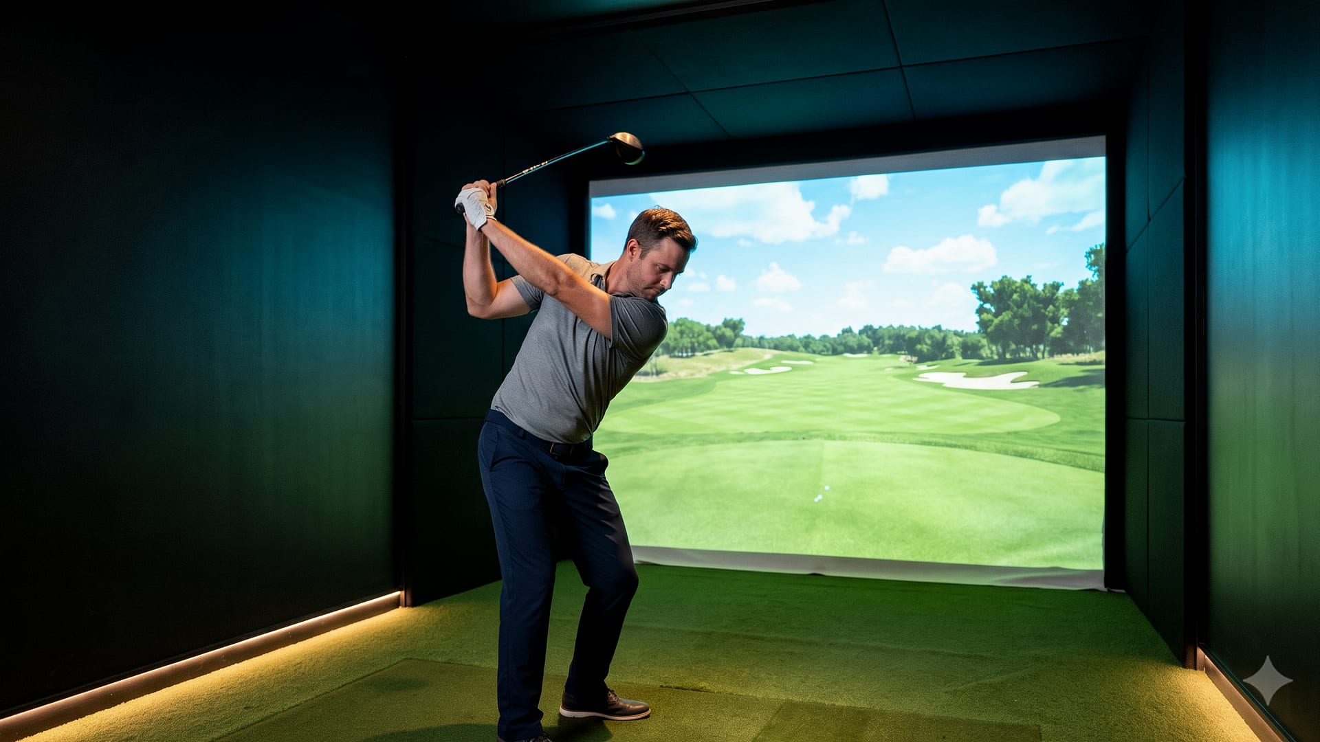 A player mid-swing in the virtual golf simulator at Hank's in Whitefish.